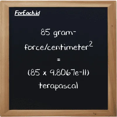 How to convert gram-force/centimeter<sup>2</sup> to terapascal: 85 gram-force/centimeter<sup>2</sup> (gf/cm<sup>2</sup>) is equivalent to 85 times 9.8067e-11 terapascal (TPa)